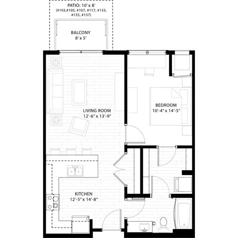 Floor plan for 1 bed, 1 bath, 711 sqft